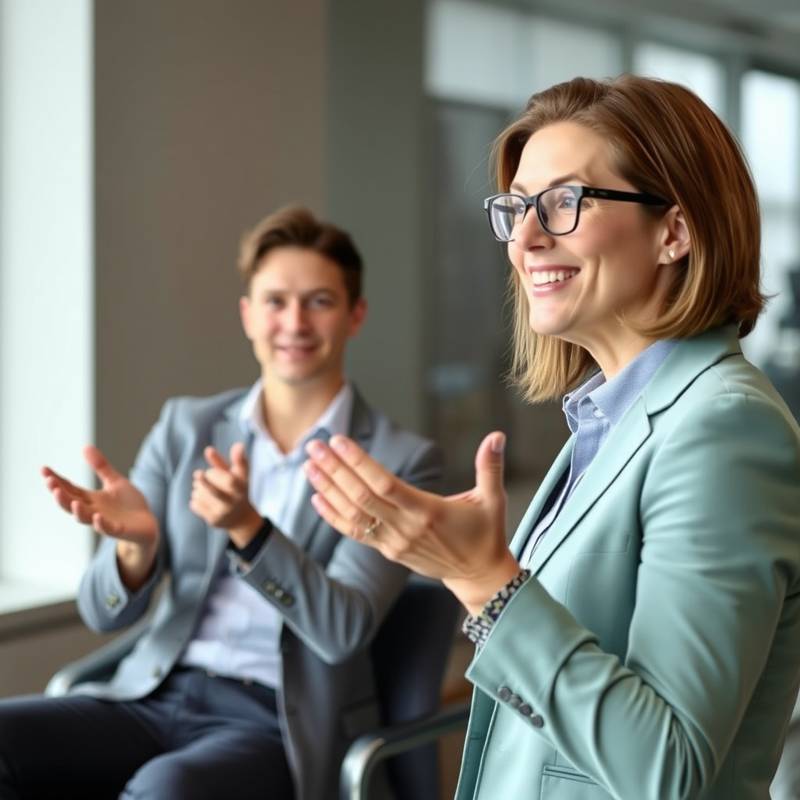 Person being interviewed, sitting in a modern office setting and gesturing while speaking
